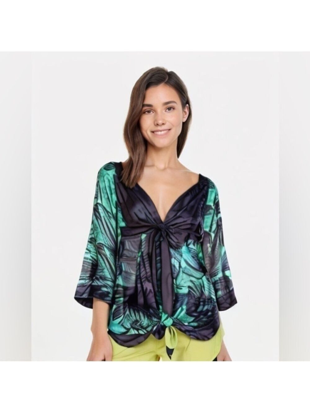 Apostrophe Green and Black Tropical Palm Print Top Large